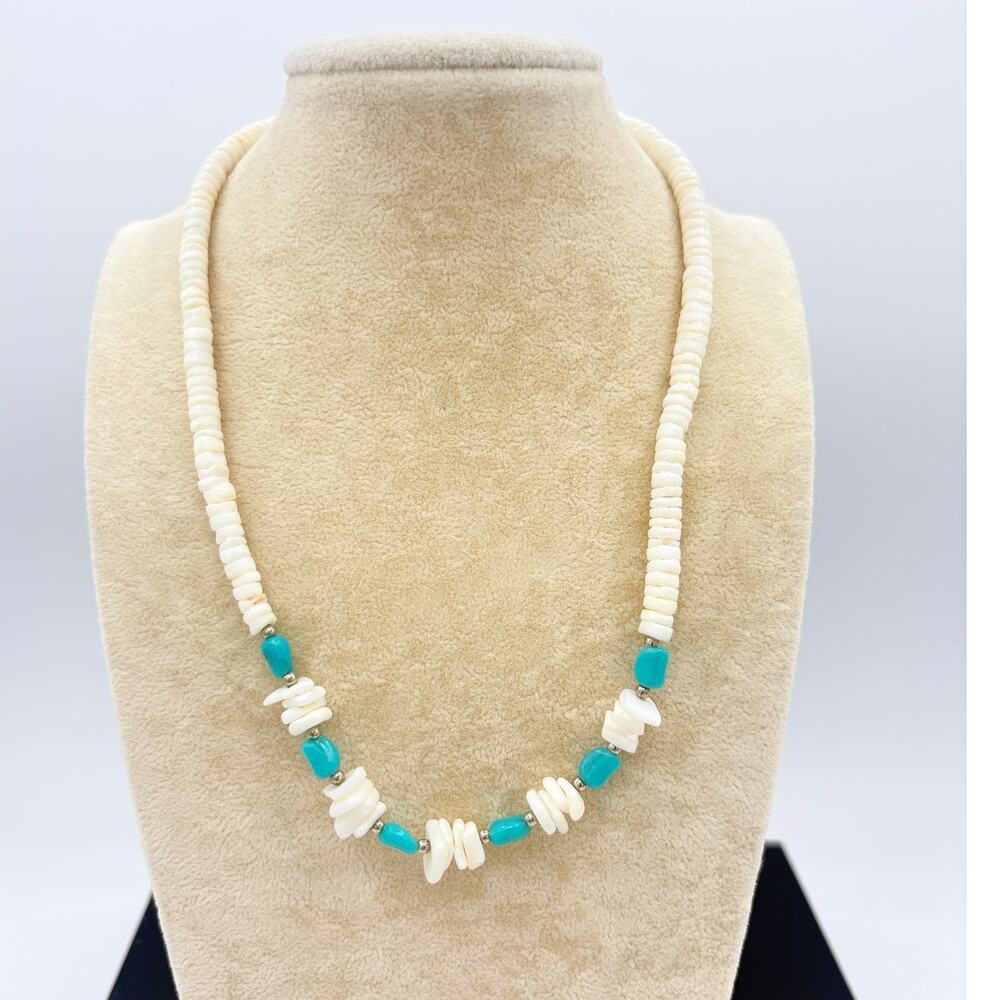 Natural Shell & Turquoise‑Color Glass Bead Necklace | 1990s Roadside Style